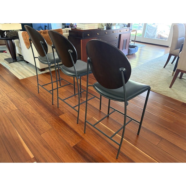 1990s Dakota Jackson "Vik-Ter" Black Leather Counter Stools Set of 3 For Sale - Image 5 of 9