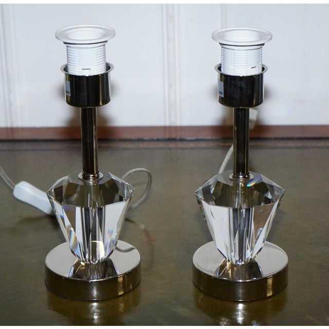 Diamond Glass on Stainless Steel Base Table Lamps with Baby Blue Shades, Set of 2 For Sale - Image 3 of 10