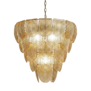 Art Deco Style Amber Murano Glass and Brass 5-Tier Waterfall Chandelier, 1970s For Sale
