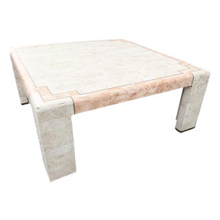 Postmodern Beige and Pink Tessellated Stone Square Coffee Table With Brass Inlay For Sale