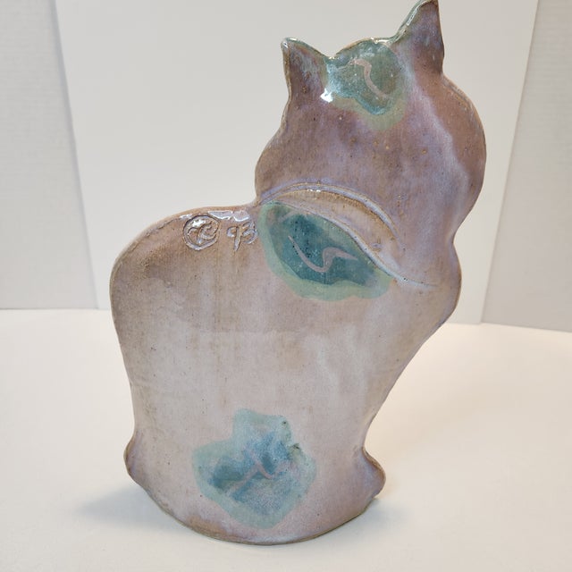 Vintage Studio Pottery Cat Sculpture With Reactive Glaze Hand-Carved For Sale - Image 4 of 8
