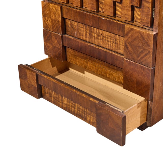 Brown Lane Staccato Brutalist Mid Century Walnut Armoire Highboy Dresser For Sale - Image 8 of 11
