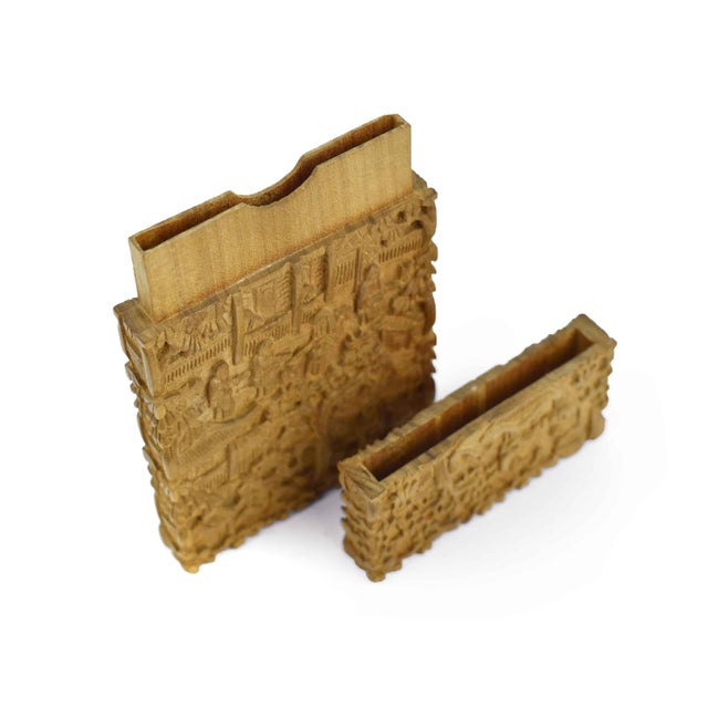 Brown Antique 19th Century Hand Carved Chinese Intricate Canton Wooden Card Case For Sale - Image 8 of 10