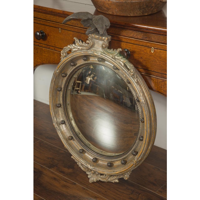 English 1900s Silver Leaf Convex Girandole Bullseye Mirror with Eagle Motif For Sale - Image 9 of 12