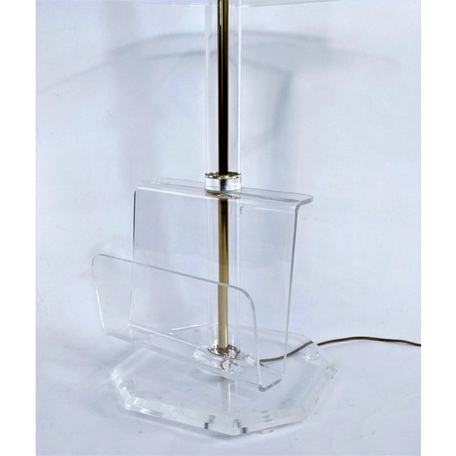 Lucite Brass Floor Lamp With Table and Magazine Holder For Sale In Miami - Image 6 of 13