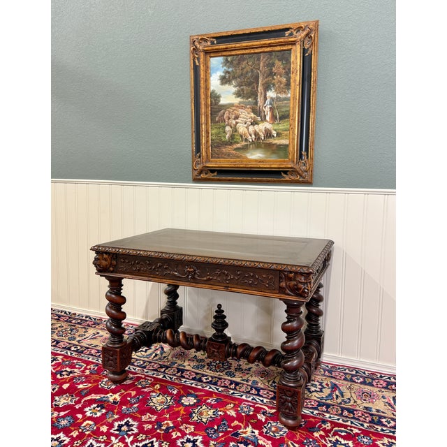 Wood Antique French Henri II Style Writing Desk Barley Twist Carved Walnut 19th C For Sale - Image 7 of 18