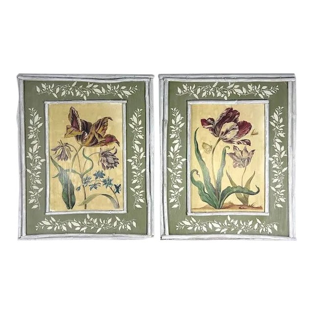 Rustic French Country Botanical Flower Paintings, Pictures in Green & White Twig Frames , a Pair For Sale