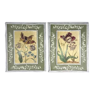 Rustic French Country Botanical Flower Paintings, Pictures in Green & White Twig Frames , a Pair