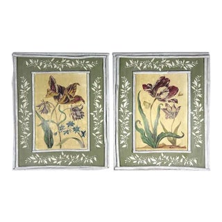 Vintage French Floral Botanical Paintings, Pictures in Green & White Twig Frames , a Pair For Sale