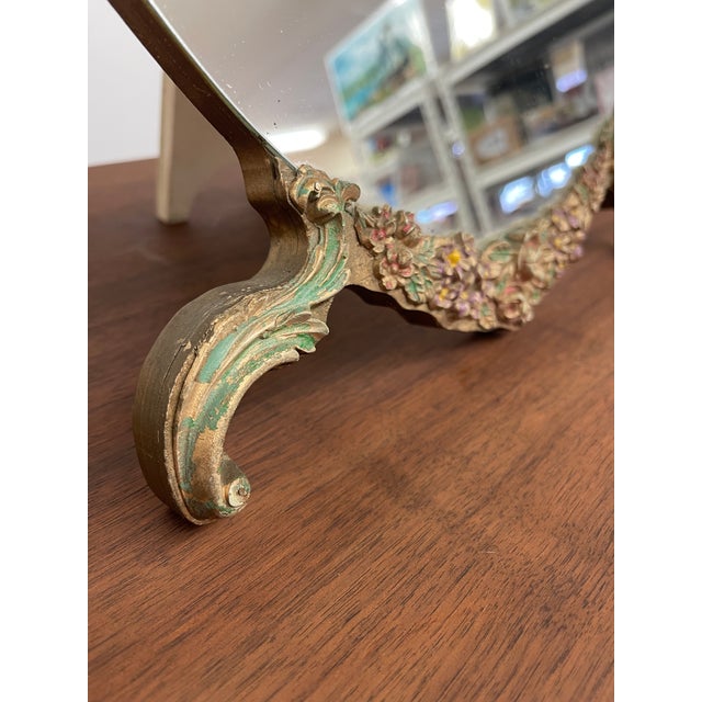 Vintage Oval Vanity Mirror With Hand-Painted Floral Frame and Easel Back For Sale - Image 11 of 11