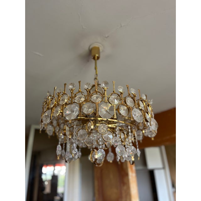 Metal Large Chandelier in Gilded Brass and Crystal from Palwa, Germany, 1970 For Sale - Image 7 of 10
