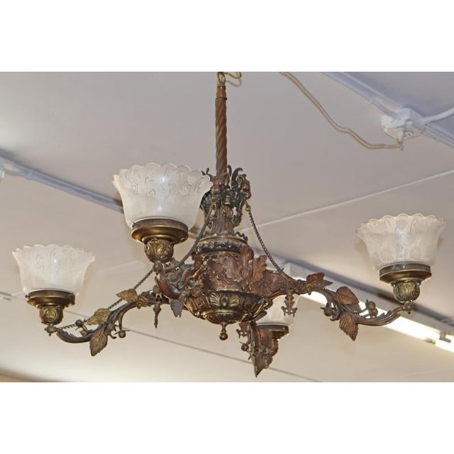 19th Century Bronze 4 Light Etched Glass Shade Gas Chandelier Gasolier For Sale - Image 10 of 18
