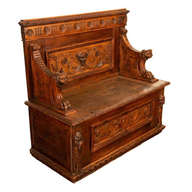Antique 19th Century Italian Renaissance Revival Carved Walnut Bench Settle 1880 For Sale - Image 9 of 17
