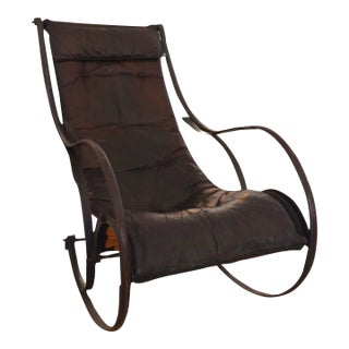 1850s French Leather & Metal Rocking Chair For Sale