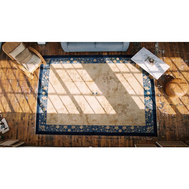 Gorgeous Beige Open Field With Blue Floral Border Antique Chinese Peking Rug For Sale In New York - Image 6 of 8