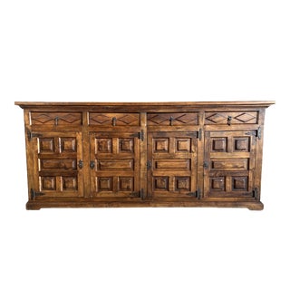 Antique Spanish Oak Sideboard Buffet With Carved Sides, Drawers and Doors For Sale