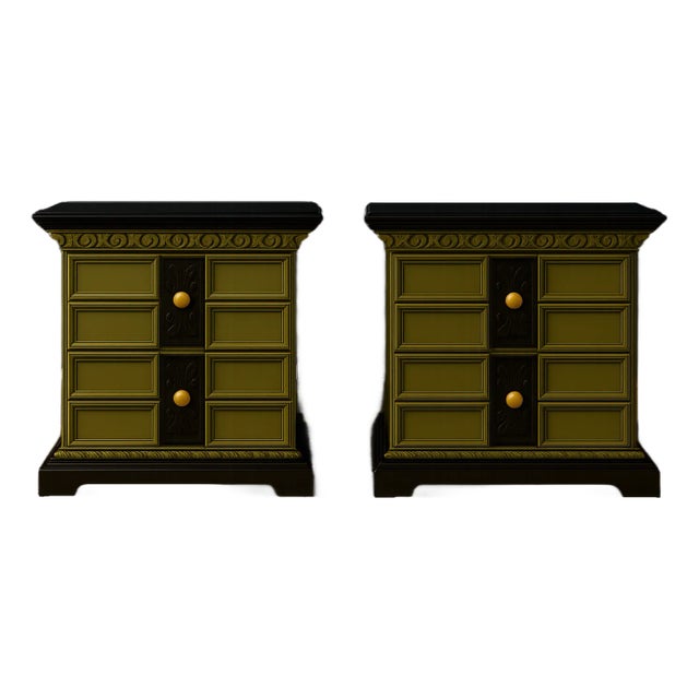 “The Luxe Battalion Nightstands” – Hand-Painted, Velvet-Lined, Gold-Accented Luxury Pair For Sale