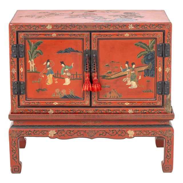 Chinese Red Lacquered Cabinet on Stand For Sale