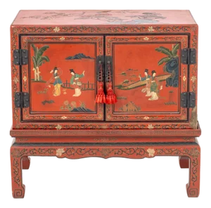 Chinese Red Lacquered Cabinet on Stand