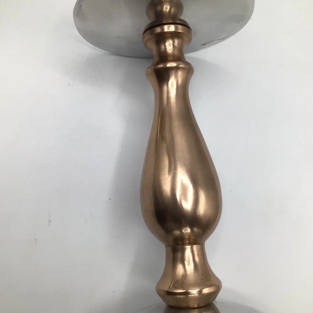 Metal Silver & Rose Gold Anodized Aluminum Pillar Candle Holders - A Pair For Sale - Image 7 of 13