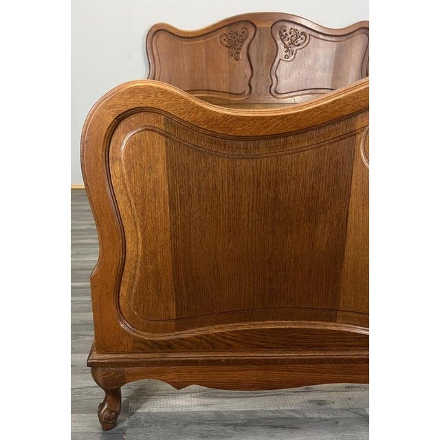 Vintage French Louis XVI Style Oak Double Bed Frame with Carved Headboard For Sale - Image 5 of 12