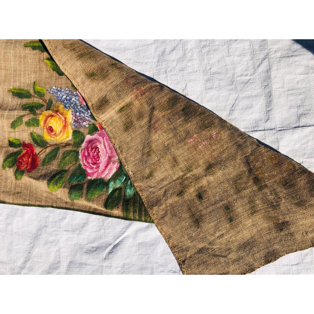 1960s Vintage Hand Painted Floral Art Over Coarse Juth For Sale - Image 5 of 7