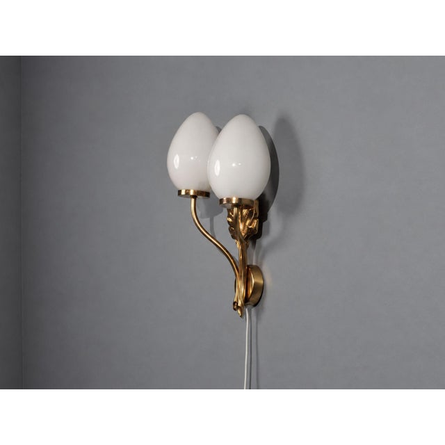 1950s Swedish Modern, Double Wall Light, Brass, Opaline Glass For Sale - Image 4 of 10