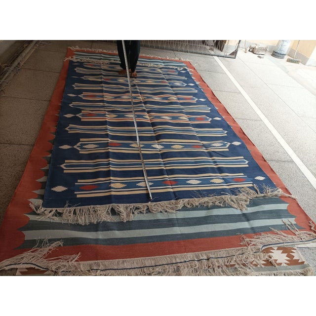 Royal Blue Handmade Cotton Area Rug, Vegetable Dyed, Indigo Blue, Cream and Terracotta Striped Dhurrie -6'x9' For Sale - Image 8 of 13
