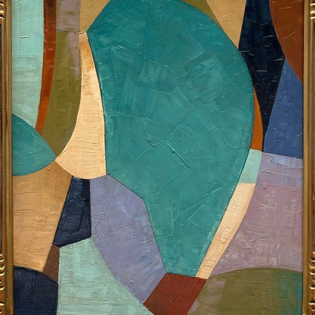 Mid-Century Modern Contemporary Abstract Oil Painting in Vintage Blue Painted Frame For Sale - Image 3 of 6
