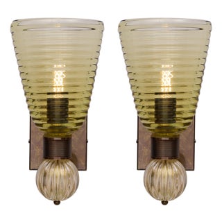 Pair of Murano Olive Green Glass and 24 Carat Gold Avventurine Sconces For Sale