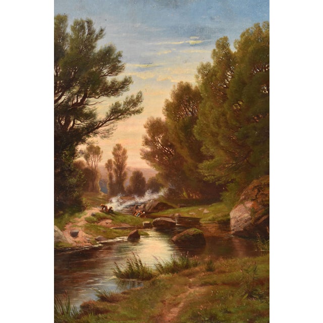 Leberecht Lortet, Mountain Landscape with Washerwomen and River, 1800s, Oil on Canvas For Sale - Image 3 of 10