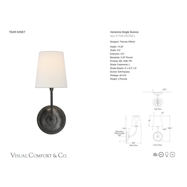 Modern Thomas O'Brien for Visual Comfort Signature Vendome Single Sconce in Bronze with Linen Shade For Sale - Image 3 of 5
