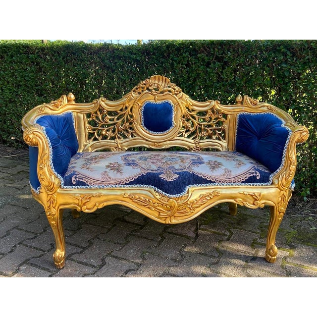 Blue Late 20thC French Louis XVI Blue Velvet Antique Gold Beech Settee For Sale - Image 8 of 14