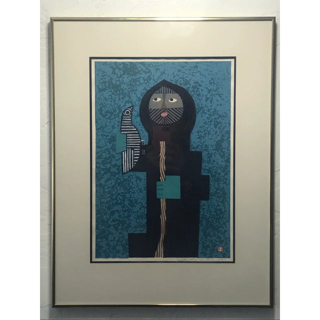 1958 "Rescued Bird" Abstract Figurative Woodblock Print by Umetaro Azechi, Framed For Sale In San Francisco - Image 6 of 6