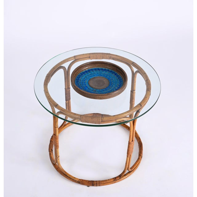 Mid-Century Italian Round Rattan & Bamboo Coffee Table with Glass Shelf, 1960s For Sale - Image 12 of 18