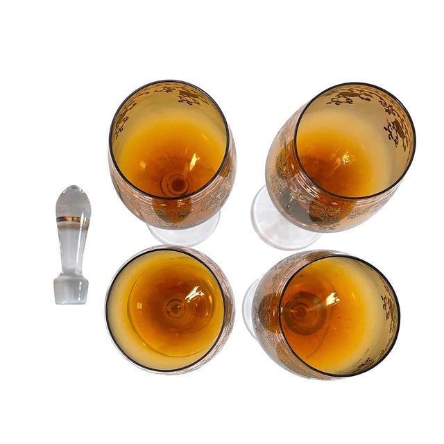 Metal Vintage Amber & Gold Gilt Bohemian Decanter & 4 Wine Glasses. MCM For Sale - Image 7 of 11