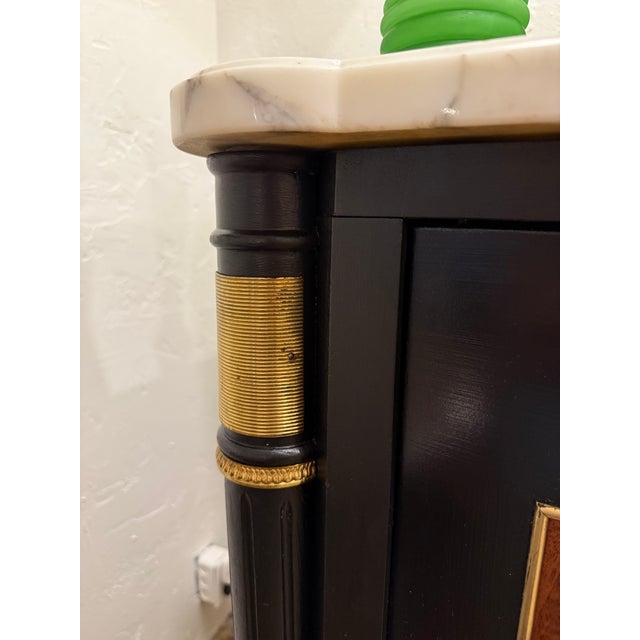 French Louis XVI Style Black Lacquered Sideboard Credenza With Marble Top and Burled Walnut For Sale - Image 14 of 17