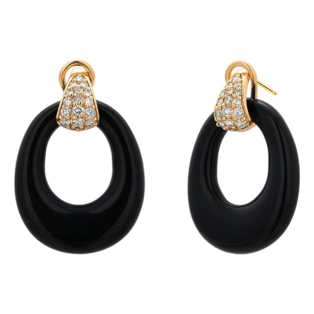 14k Yellow Gold Door Knocker Earrings, 0.58ct Diamond & Onyx, New, A Pair For Sale