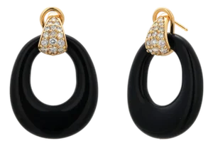 14k Yellow Gold Door Knocker Earrings, 0.58ct Diamond & Onyx, New, A Pair