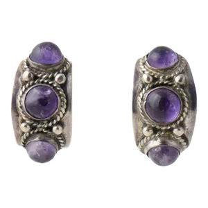Modernist Amethyst Sterling Silver Hoop Earrings - 2 Pieces