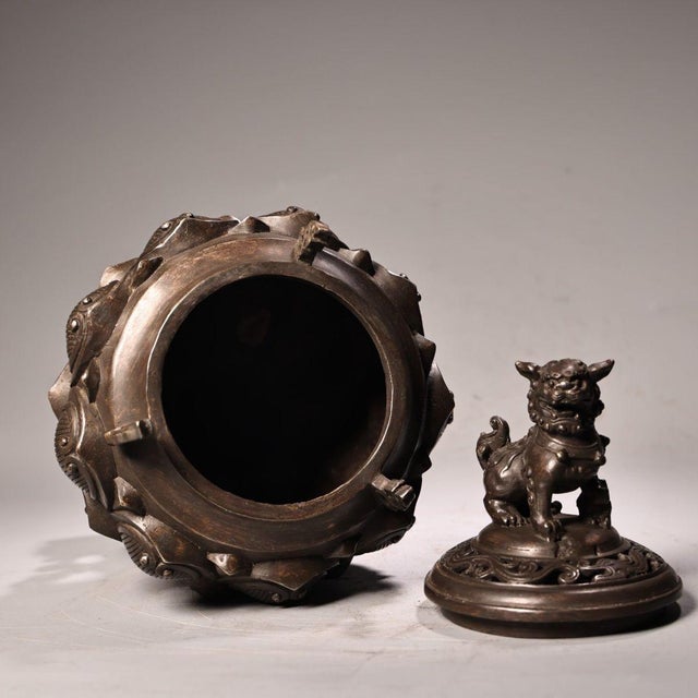 This is an exquisite vintage Chinese bronze incense burner (censer) sculpted in the form of a blooming lotus flower. The...