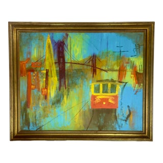 Vintage Mid 20th Century Outsider Art Abstract Expressionism Painting: Vibrant San Francisco Cityscape With Iconic Landmarks For Sale