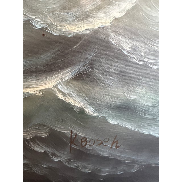 Impressionist Large Maritime Naval Battle Oil Painting Signed K. Bosen Sailing Ships Seascape For Sale - Image 3 of 11