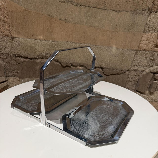 Chase Brass and Copper Company Chase Art Deco Chrome Triple-Tier Folding Snack Tray Fb Plated For Sale - Image 4 of 13