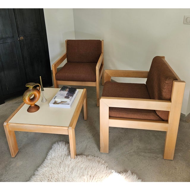 Living room set consisting of two armchairs and a coffee table. Solid beech wood. White melamine panels. Brown tweed...