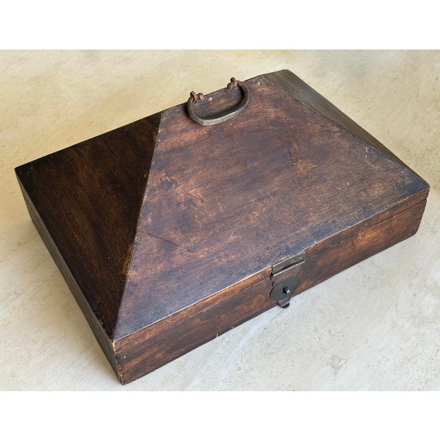 Brown Antique Indian Dowry Chest With Slanted Lid – Hand-Carved Wood Storage Box With Iron Hardware For Sale - Image 8 of 9