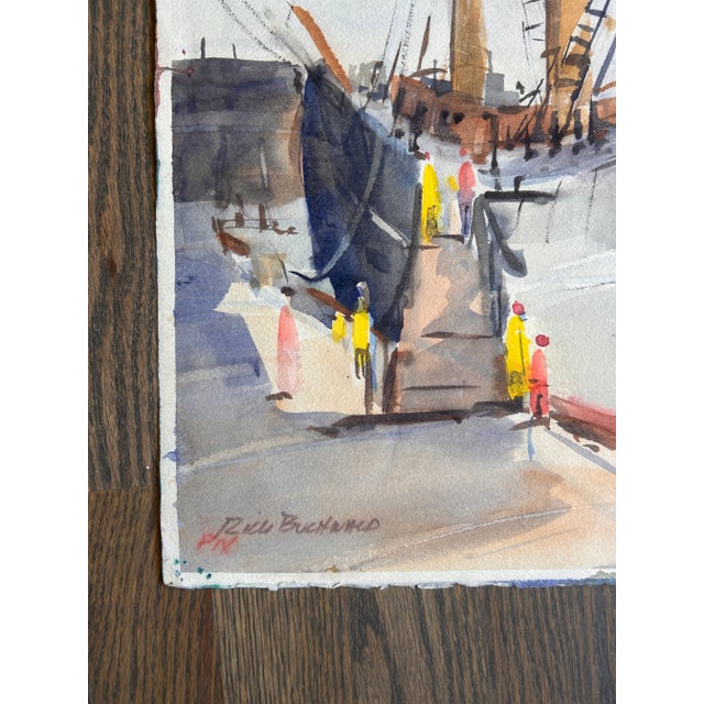 Paint Vintage California Watercolor Painting San Diego Cityscape Bay View For Sale - Image 7 of 7