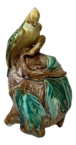 19th Majolica Parrot Tobacco Jar Onnaing