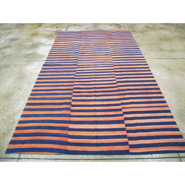 Mid 20th Century Galerie Shabab Mid-20th Century Abstract Turkish Handmade Striped Flat-Weave in Persimmon Coral, Blue For Sale - Image 5 of 10