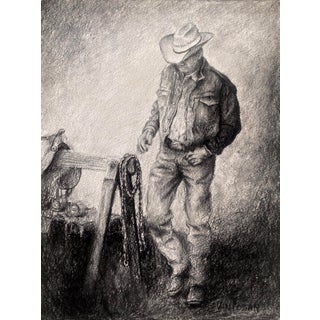 Back At The Stables (I) by James Van Fossan | Charcoal and Graphite on Paper cowboy in a stable For Sale